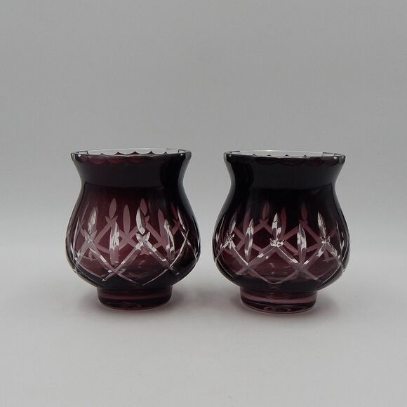 Gorham Crystal Lady Anne Hurricane Candle Holders Amethyst 5 In Cut To Clear/2 - Picture 4 of 9